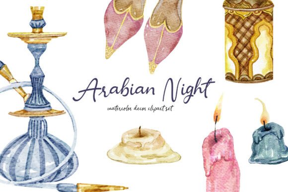 Arabian Nights Watercolor PNG Decor Set: Elevating Design with Oriental Elegance