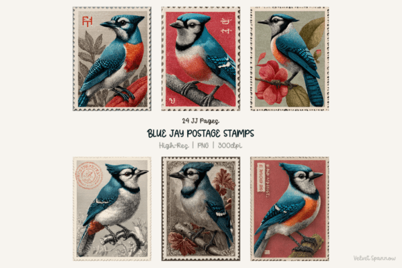 Blue Jay Postage Stamps 24 Png: Digital Craft Assets