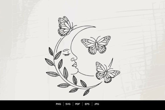 Celestial Moon Face with Butterflies Line Art