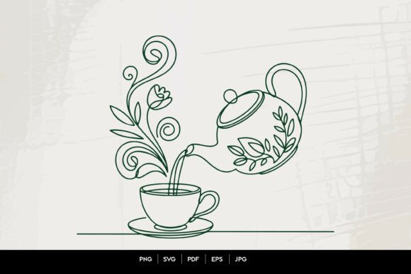 Floral Teapot Pouring Tea Line Art Vector