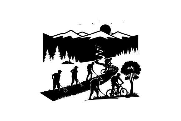 Group of Hikers and Cyclists Exploring M: A Premium Vector Silhouette for Modern Design