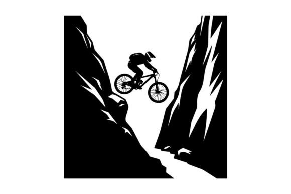 Mountain Biker Performing Jump on Rugged Terrain: Elevating Your Design with Premium Vector Silhouettes