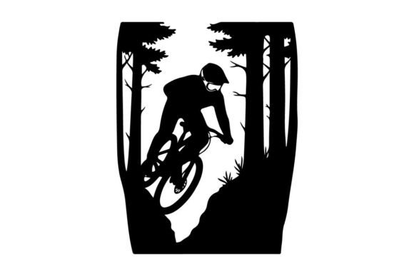 Mountain Biker Riding Through Dark Forest: Elevating Visual Storytelling with Premium Vector Silhouettes