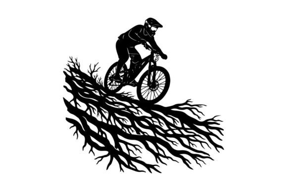 Mountain Biker Riding Through Dense Black Silhouette: Elevating Your Creative Projects with Premium Vector Art