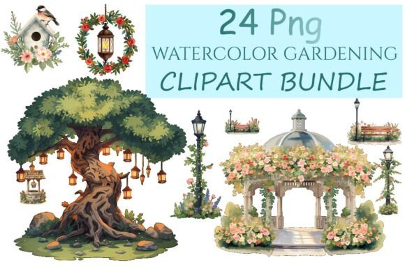 Watercolor Garden Scene Clipart Bundle